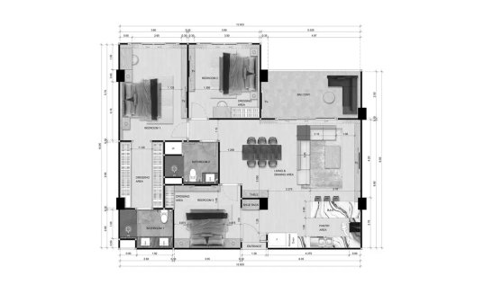 Apartment floor plan, 3 bedrooms in Zensiri Residences No. 11007 (2D)
